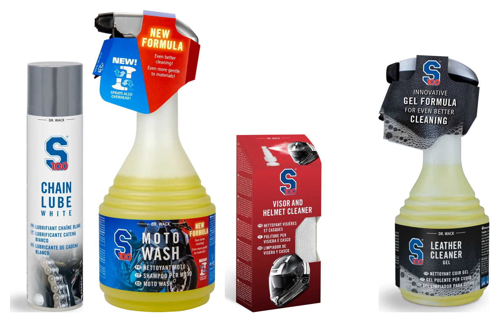 Produse S100: Chain Lube White, Moto Wash, Visor & Helmet Cleaner, Leather Cleaner